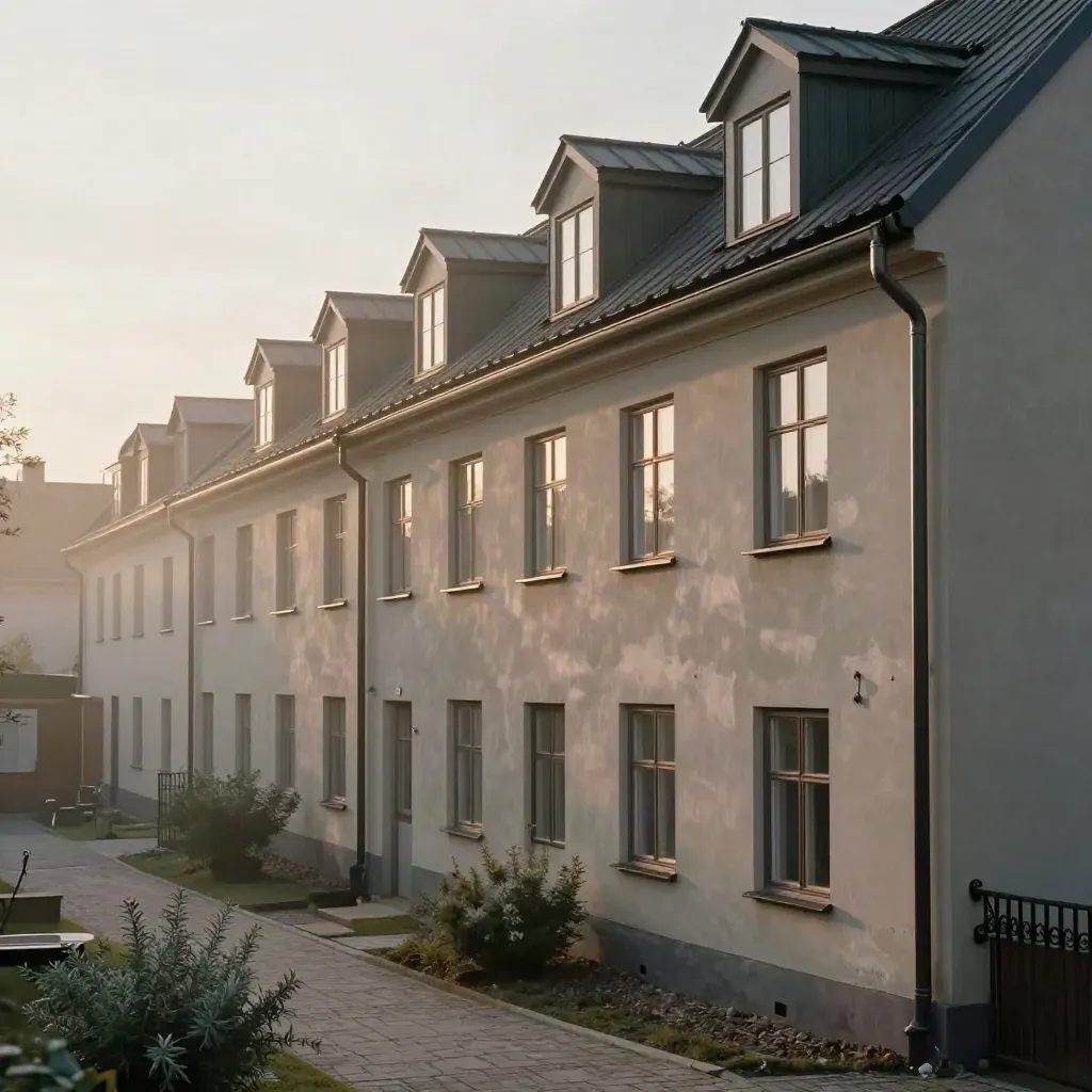 Lång BRF-fasad med nytt tak, rena hängrännor och lätt morgondis över gården.